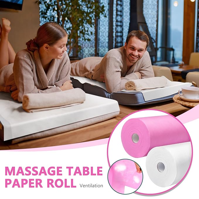 Tudomro 6 Rolls Disposable Non Woven Bed Sheets 24 x 71 Inch Massage Table Paper Covers Non Woven Fabric Massage Sheets Waterproof Spa Breathable Bed Cover for Beauty Salon (White and Pink)