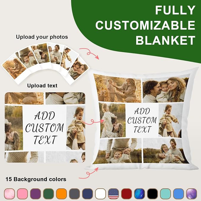 Bemaystar Custom Pillow with Picture & Text, Ships Next Day, Made in USA - Personalized Pillowcover- Love Keepsake, Customized Gifts, Mothers Day Decorative Throw Pillow(No Insert)-6photos