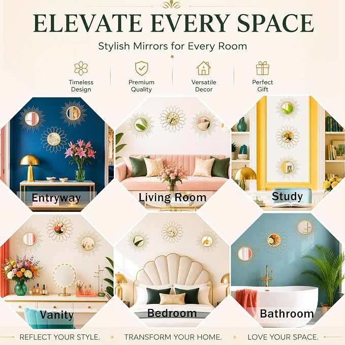 3 Pack Metal Mirrors for Wall Sunburst Wall Mirrors Home Décor Decorative Hanging Wall Art for Living Room Bedroom Entryway (Gold, Flower+Sunburst)