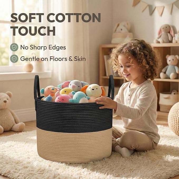 JMvicyroam 115L Extra Large Machine Washable Cotton Rope Blanket Basket | Collapsible laundry hamper, Reinforced handles, For blankets, pillows, toys and clothes, Living room and bedroom, Black&Jute