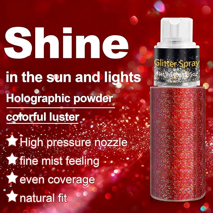 Hair and Body Glitter Spray, Holographic Glitter Highlighter Powder for Rumi Costume Cosplay Makeup, Face Body Clothes Shiny Glitter, Loose Shimmer Hairspray Festival Rave Prom Accessories (Red)