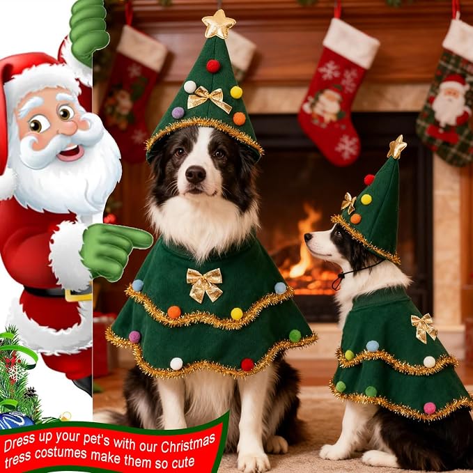 Large Dog Christmas Costumes Green Xmas Pet Cloak 2PCS Santa Cape Hat Christmas Tree Outfit Winter Warm Coat Pet Elf Clothes for Medium Large Dogs Holiday Party Dress (Christmas Tress Green, Medium)
