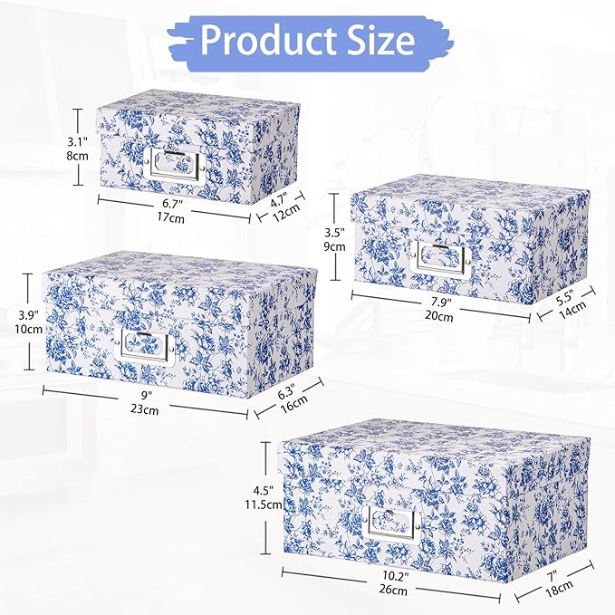 Briful Blue White Floral Nested Decorative Storage Boxes with Lids | 4Pcs Vanity Desktop Organizer Bin, Cardboard Photo Boxes Storage for Makeup, Office Supplies, Entryway Shelf Decor, Gift Box