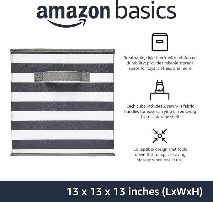 Amazon Basics Collapsible Fabric Storage Bins with Handles, Cube Organizer for Organizing, 13"x13"x13", White/Light Grey Stripe, 6-Pack