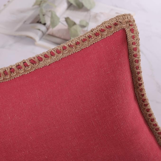 Phantoscope Farmhouse Solid Throw Decorative Pillow Cover Burlap Linen Trimmed Tailored Edges Outdoor Xmas Pillow Red 12 x 20 inches, 30 x 50 cm