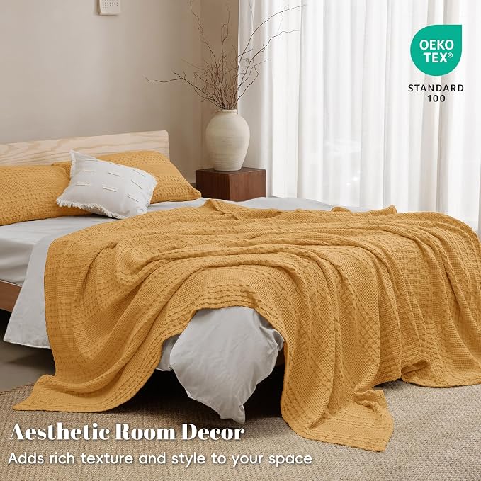 PHF 100% Cotton Waffle Weave Throw Blanket, Lightweight Breathable Summer Blanket for Couch Sofa, Pre-Washed Soft Throws for Bed, Office, Travel & Stylish Home Decor, 50"x60", Pumpkin Orange