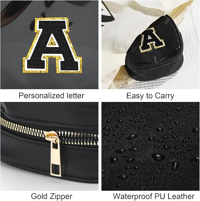 YOOLIFE Initial Makeup Bag Travel Toiletry Bag, Clear Makeup Bag Car Accessories For Women Clear Makeup Bags With Zipper Girlfriend Teacher 13 Year Old Girl Gifts Daughter Girl Gifts Mini Black R