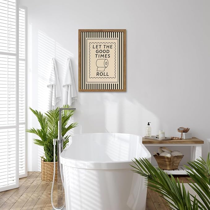 Framed Let The Good Times Roll Bathroom Print, Vintage Funny Toilet Quote Canvas Wall Art, Stripes Bathroom Picture Poster, Downstairs Toilet Painting Wall Decor 8x10 inch