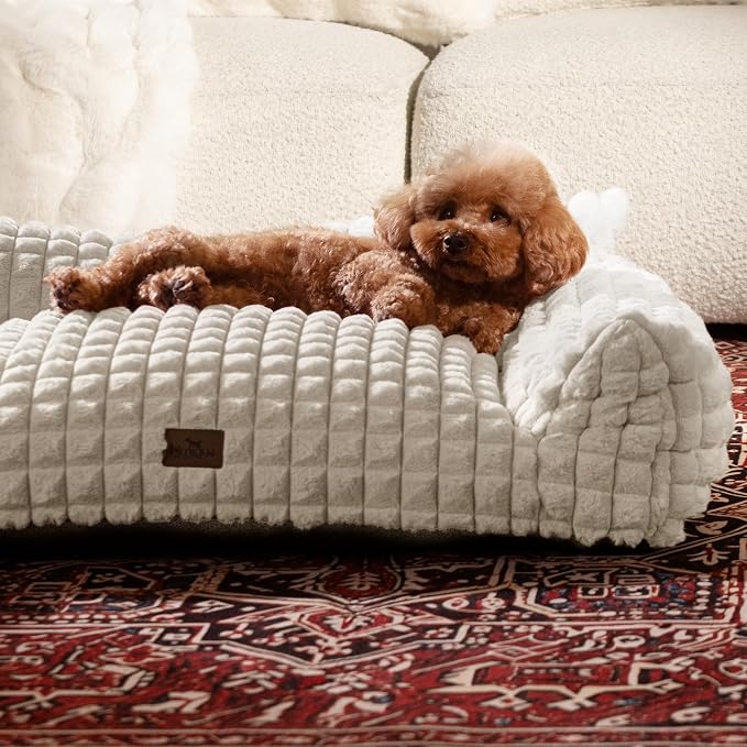 Cat Couch Bed with Fluffy Faux Rabbit Fur for Indoor Cats, 36 Inch | Cute Fuzzy Cat Sofa Recliner With Washable Cover, Suppportive Cozy Pets Couch in 3D Diamond Pattern, Off White