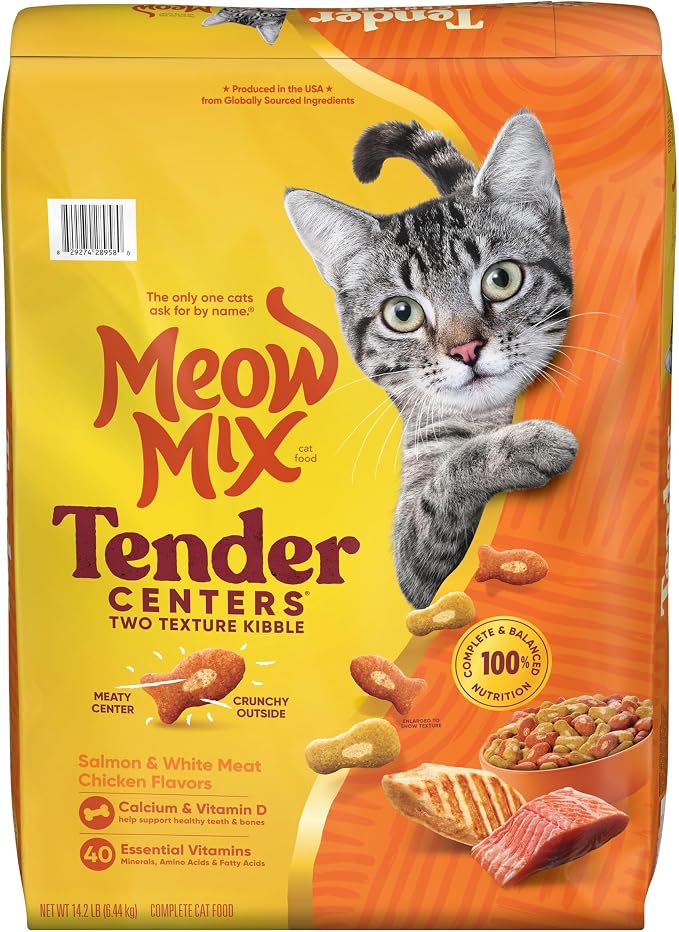Meow Mix Tender Centers Salmon & White Meat Chicken Flavors, Dry Cat Food, 14.2 lb. Bag | Dry cat food with two texture kibble, meaty center surrounded by a crunchy outer layer.