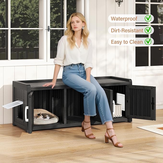 KAMABOKO Cat Litter Box Enclosure Hidden Litter Box Furniture with Door and Window, Multi-Functional Cat Furniture for Living Room Bedroom, Black
