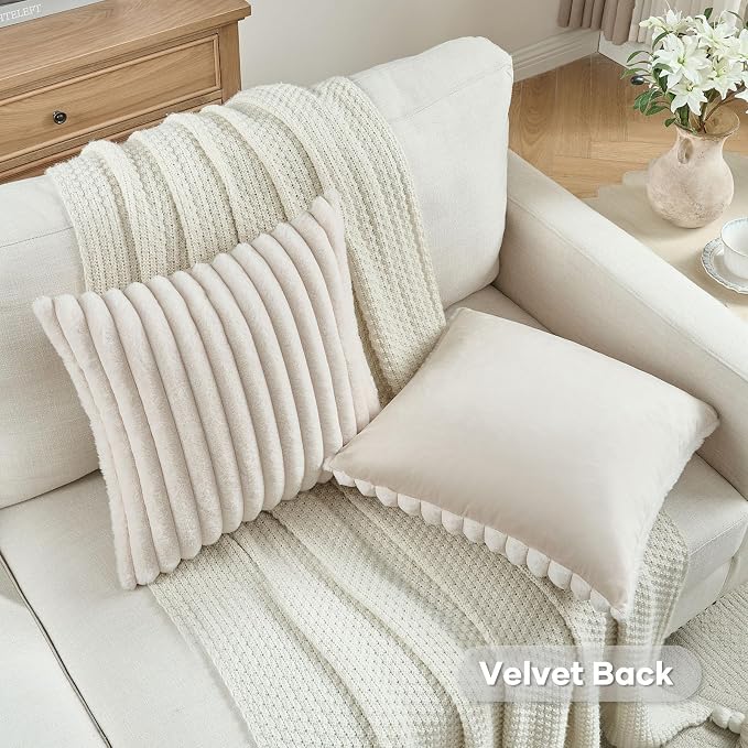 FUTEI Pack of 2 Faux Fur Throw Pillow Covers 24x24 Inch, Light Beige | Fluffy Faux Rabbit Fur Front/Premium Velvet Back,Hidden Zipper,Machine Washable,Non-Shedding,Colorfast,Insert Not Included.