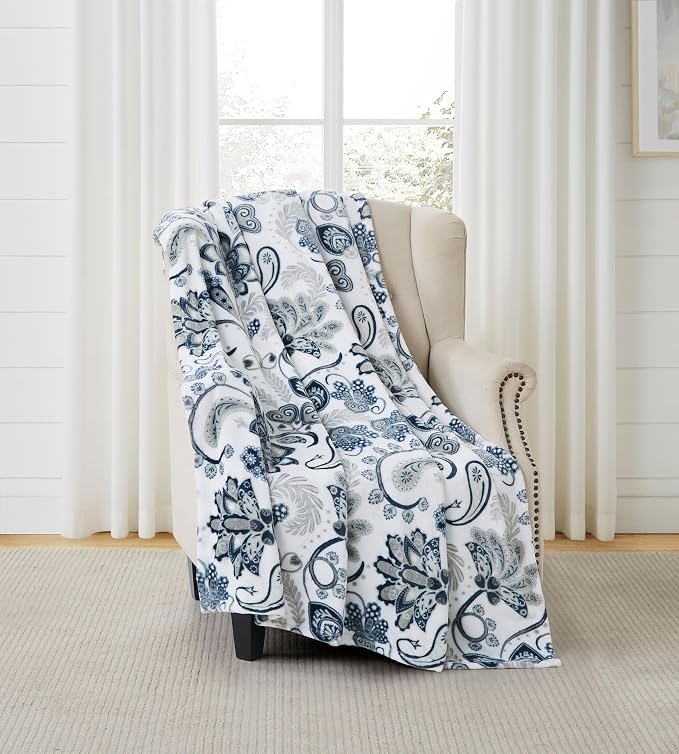 Soft Fleece Throw Blanket, Blue Grey Paisley Boho Damask, 50x70, Oversized | Hues of Gray & Navy in Elegant Floral Design, Accent For Living Room or Bedroom on Sofa Couch Bed Chair