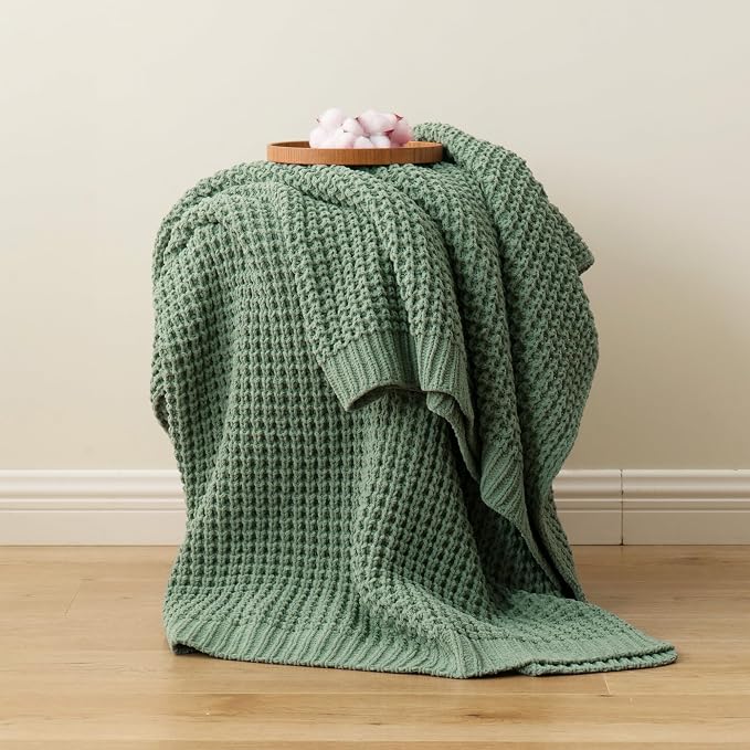 Sage Green Waffle Knit Throw Blanket for Couch, Chenille Blanket 50x60 in | Chunky Knitted Blanket, Soft Green Throw Blanket for Home Decor, Sofa, Spring, Modern Farmhouse Blanket Throw