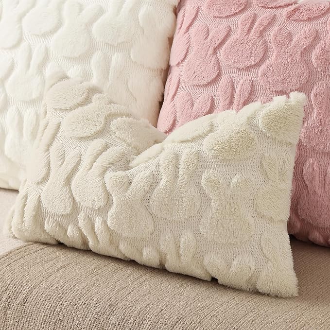 decorUhome Beige Faux Fur Bunny Throw Pillow Covers 12x20 Set of 2 | Plush Soft Wool Jacquard Beige Rabbit Cushion Covers, Modern Farmhouse Easter Holiday Decor PillowCases for Sofa Bed