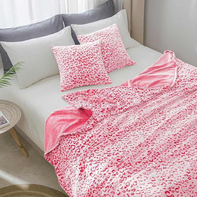 Flannel Fleece Leopard Print Throw Blanket Super Soft Lightweight Fluffy Throw for Couch, 90"X90",Hot Pink