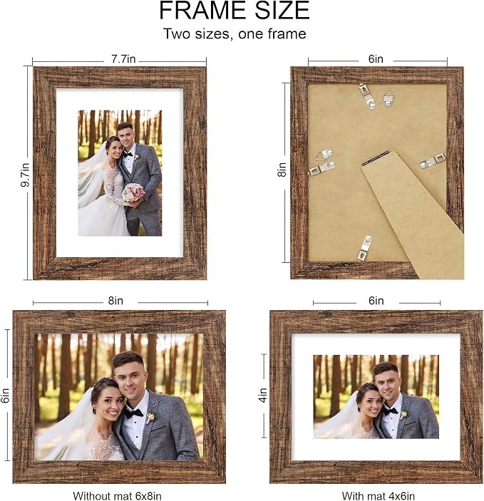 Hongkee 6x8 Picture Frame Set of 4, Made of Real Glass and Rustic Brown Frame - Display Picture 4x6 with Mat or 6x8 Without Mat, 6 by 8 Photo for Wall or Tabletop