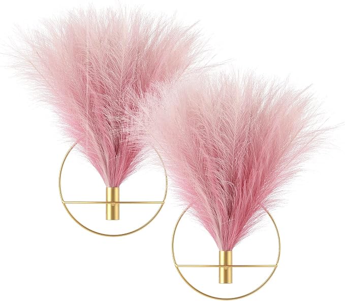 Pretty Jolly Boho Pampas Wall Decor Gold Metal Wall-Mounted Art | Morden Artificial Greenery Display，2 Pack Pink Hanging Planter For Living Room, Bedroom, Bathroom, Dining room