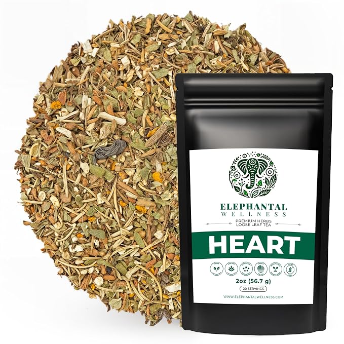 Elephantal Wellness Heart Herbal Tea – Herbal Loose Leaf Tea for Circulation & Cardiovascular Support with Hawthorn, Cinnamon, Ginger & Turmeric – Lightly Caffeinated Green Tea Blend, 2oz, 20 Servings
