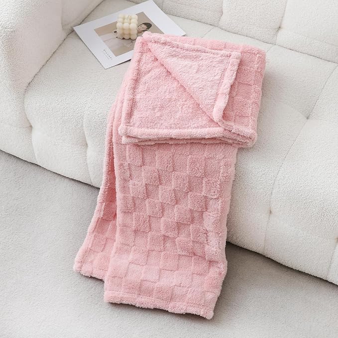 Light Pink Fleece Throw Blanket 60”×80”Checkered Design for Couch | Super Soft Cozy Plush Microfiber 3D Square Pattern Flannel Blanket for Sofa Bed Lightweight for Adults,Women