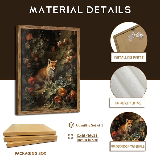 Framed Dark Academia Fox Canvas Wall Art, Sitting Fox Surrounded by Flowers, Elegant Vintage Botanical Poster, Fine Art Print for Living Room Bedroom Study – Dark Wooden Frame 16x24in