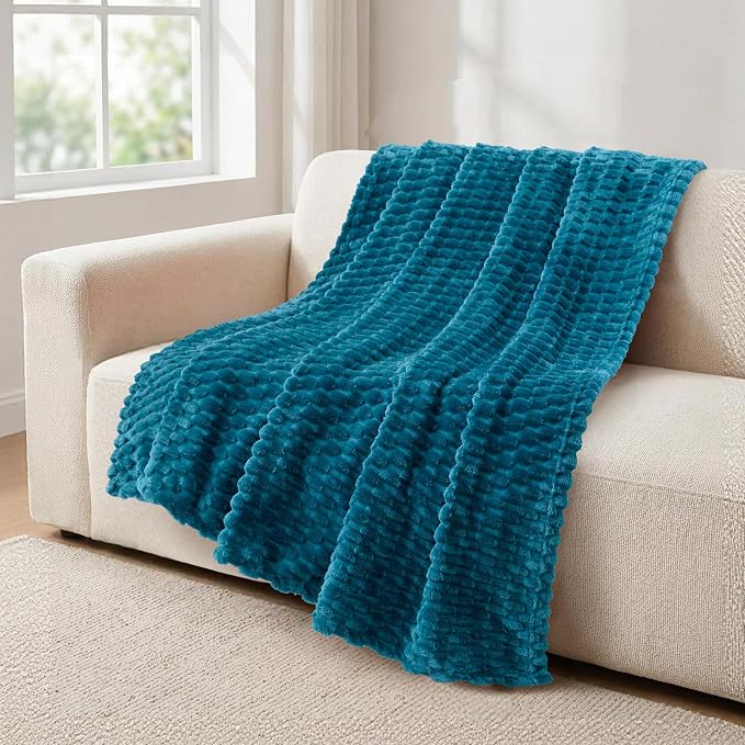 Vessia Flannel Fleece Throw Blanket(50x70 inch), 3D Jacquard Blue Fuzzy and Warm Blanket for Couch,Sofa,Bed, 300GSM Super Soft Touch Cozy Lightweight Throw for All-Season Home Decor