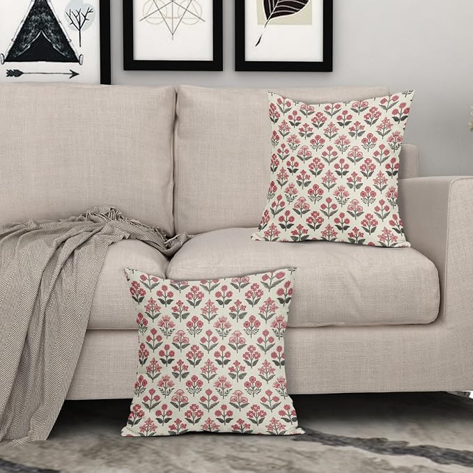 Black Red Christmas Floral Block Print Pillow Covers 20x20 Inch Set of 2, Vintage Flower Pattern Decorative Throw Pillowcases Outdoor Farmhouse Cushion Covers Holiday Rustic Sofa Couch Bed Decor