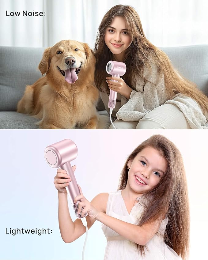 Hair Dryer, High-Speed Ionic Low Noise Blow Dryer with Brushless Motor for Fast Drying, Thermo-Control Quiet Compact Hair Blow Dryer with Magnetic Diffuser for Curly Hair for Home Travel Salon