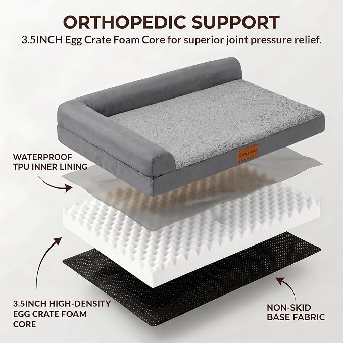 Patas Lague Orthopedic Medium Dog Bed Washable Pet Sofa Bed 30''X20''Grey | 2-Sided Bolster Egg-Crate Foam Dog Couch Medium Size Dogs, Waterproof Removable Washable Cover, Nonskid Bottom Pet Crate Mat