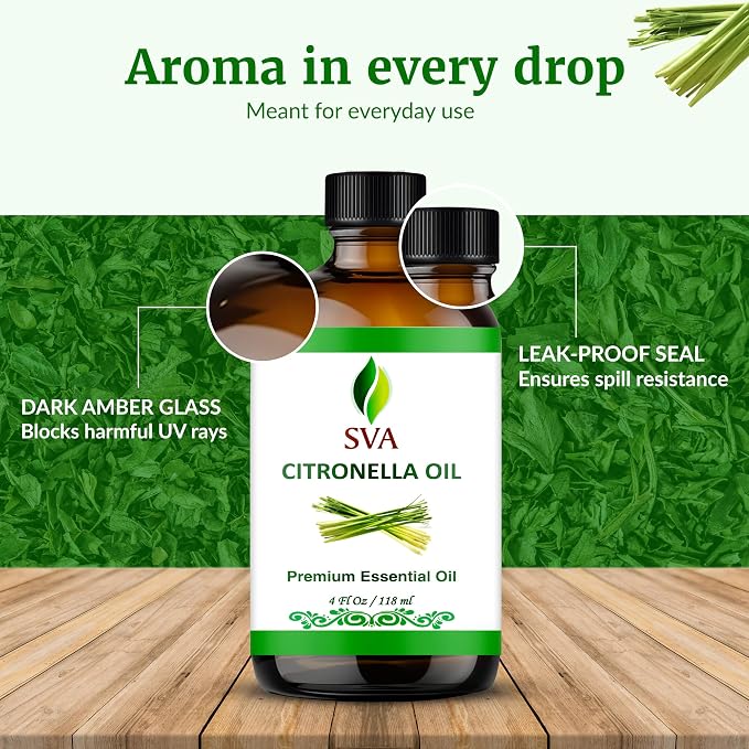 SVA Citronella Essential Oil 4 Fl Oz – for Diffuser, Skin & Hair Care – Ideal for Massage & DIY Blends – with Dropper