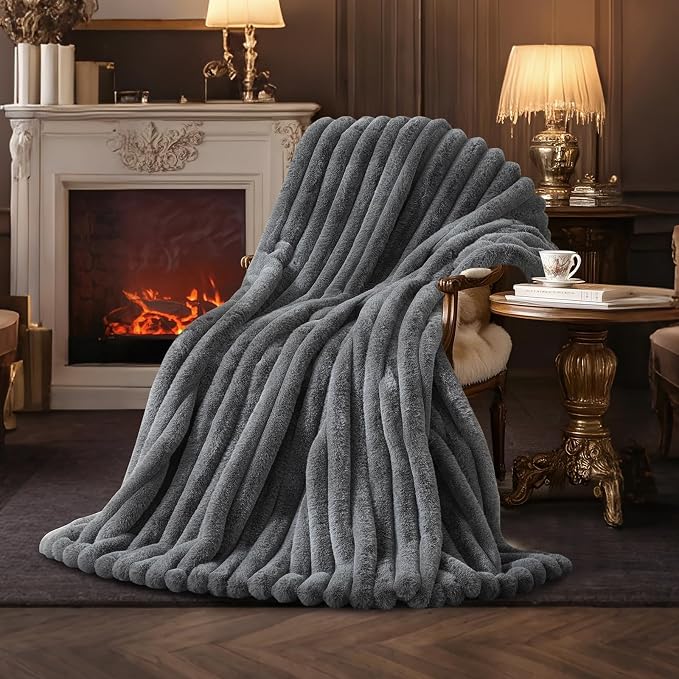 Faux Fur Throw Blanket for Couch, Ultra Cozy Fuzzy Fluffy Fur Luxurious Soft Striped Plush Gift Blankets for Family Sofa Chair Bedroom, 55"x70", Cationic Wolf Gray