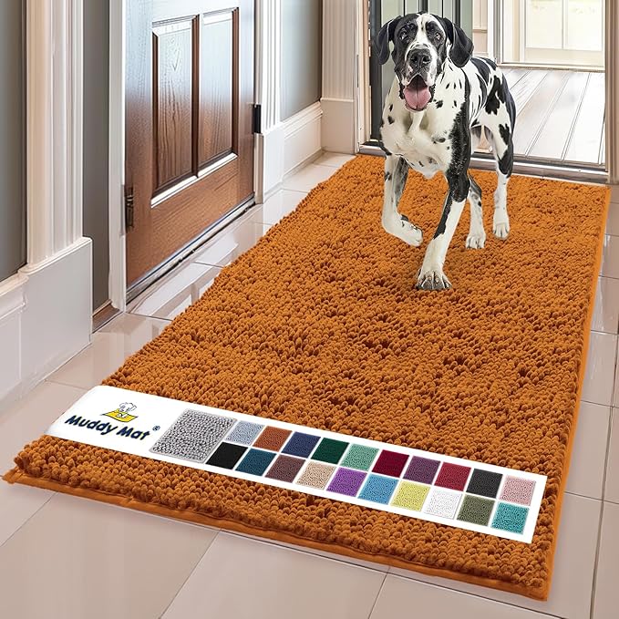 Muddy Mat® | Super Water Absorbent Door Mat Indoor, Microfiber Quick Dry Chenille Entryway Rug, Slip Resistant Front Door Mat, Indoor Mats for Entryway, Machine Washable Pet Rug, Orange 36" x 120"