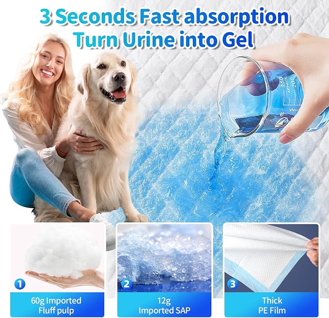 Upgrade Leak-Proof Pet Training and Puppy Pads, Jumbo Pee Pads for Dogs with Thicken Polymer Heavy Absorbency, Quick Dry Disposable Pee Pads for Cats Dogs - 30 Counts
