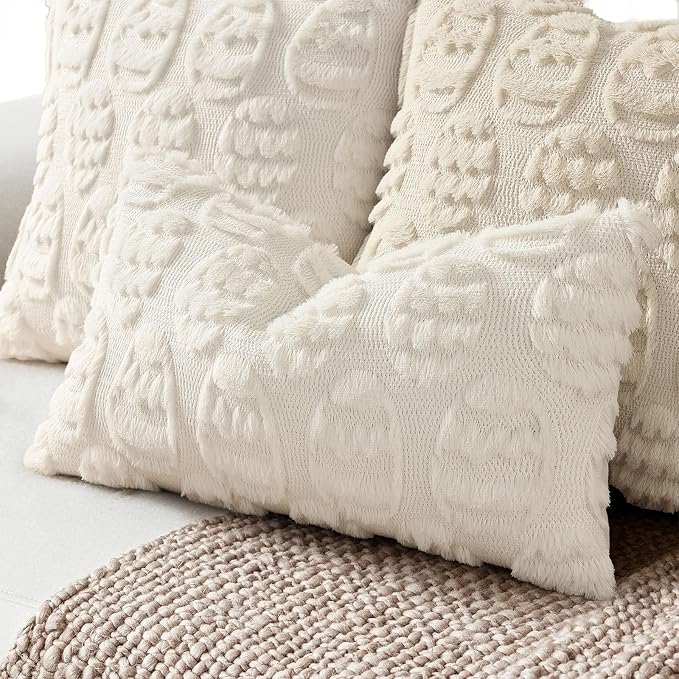 decorUhome Cream White Faux Fur Egg Throw Pillow Covers 12x20 Set of 2 | Plush Soft Wool Jacquard Cream White Cushion Covers, Modern Farmhouse Easter Holiday Decor Pillow Covers for Couch Sofa Bed