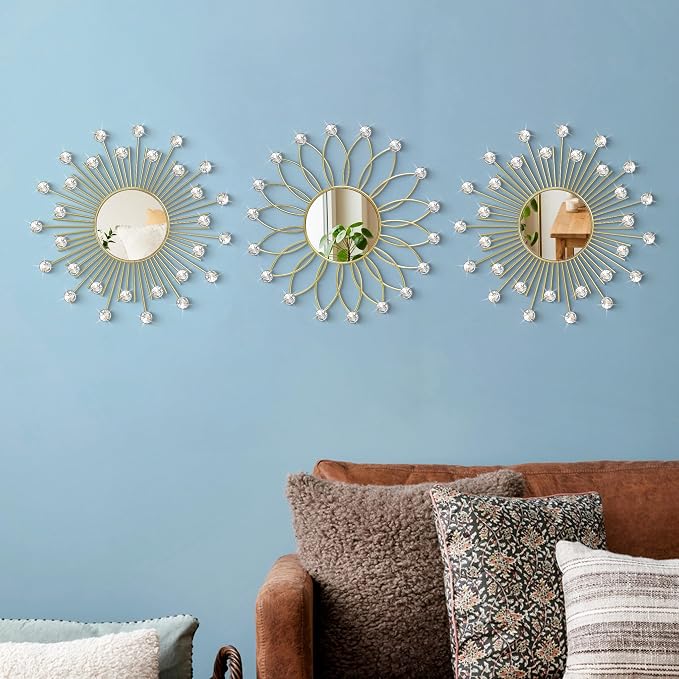 3 Pack Metal Mirrors for Wall Sunburst Wall Mirrors Home Décor Decorative Hanging Wall Art for Living Room Bedroom Entryway (Gold2 Crystal, Flower+Sunburst)