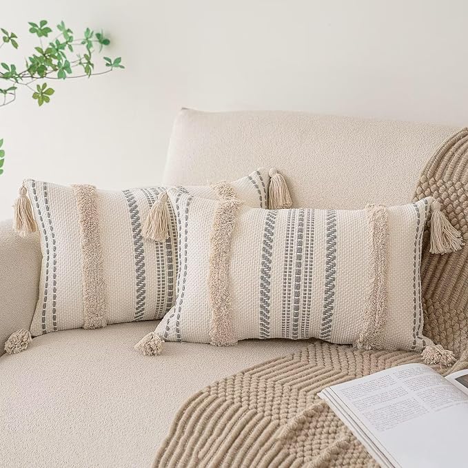 BUIOVBEY Boho Throw Pillow Covers Woven Tufted Pillow Cases with Tassels | Farmhouse Pillow Covers 12x20 Set of 2 Textured Striped Cushion Case Neutral Decorative Pillowcase for Sofa Couch Bed Khaki
