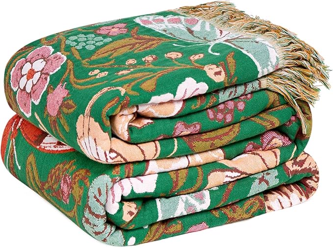 LUTBM Boho Throw Blanket for Couch 50"x60", Cotton Decorative Bed Throws | Green Reversible Floral Butterflies Jacquard, All-Season Lightweight Blankets, For Chair Sofa Bedroom Living Room