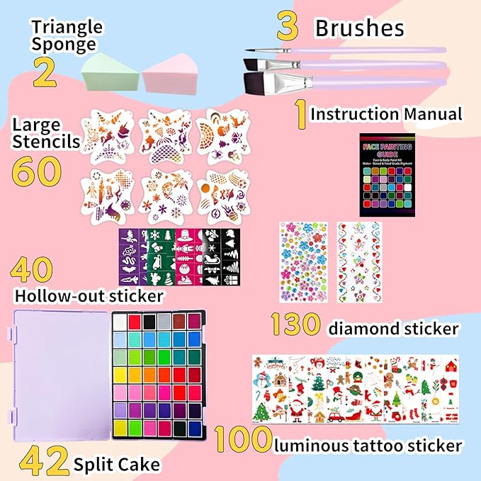 Professional Face Painting Kit for Kids & Adults, 42 x 10g Non Toxic, Water Based Face Paint Palette,With Stencils & Brushes,for Cosplay, Parties, Theater,Stage, Christmas & Halloween Makeup Kit