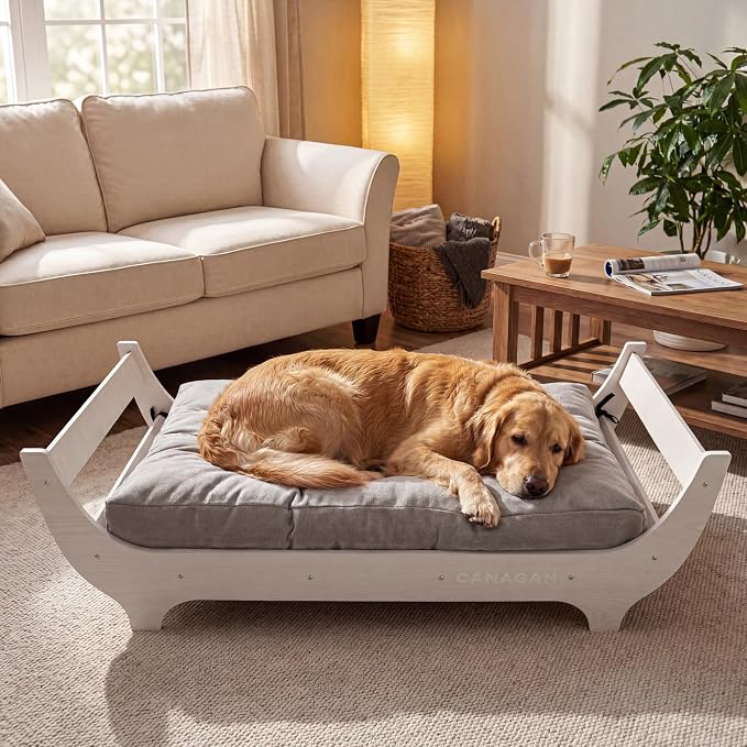 CANAGAN Elevated Wood Dog Bed Frame with Cushion, MaplePattern, Large | Raised Dog Couch Bed with Washable Cover and Plush PP-Filled Cushion, Furniture-Style for Indoor Living