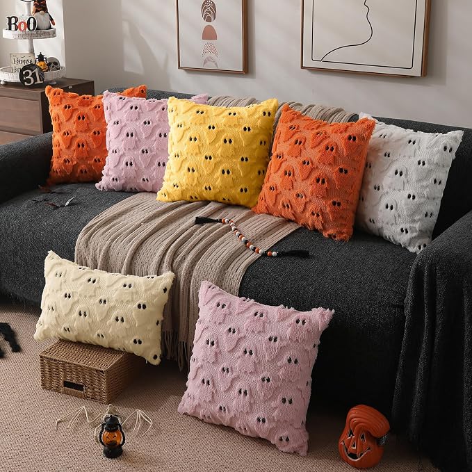 DFXSZ Halloween Pillow Covers 20x20 inch 2Pcs Yellow Ghost Halloween Decor | Halloween Decorations Set of 2 Throw Pillow Cases Plush Faux Fur Wool Cushion for Chair Sofa Bedroom Living Room Home Decor