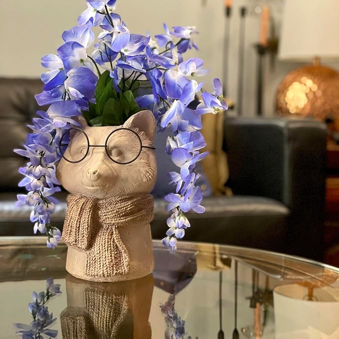 Fox Cement Vase, 8.25 Inch Bespectacled Woodland Planter | Distressed Taupe Finish, Real Black Wire Glasses, Gold-Brushed Knit Scarf, 2.75 Inch Opening for Flowers or Pens