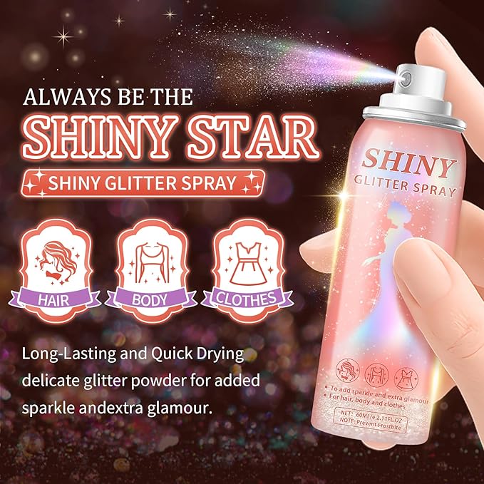 AWCCXMYM Body Glitter Spray Sparkle Hair Glitter Quick-Drying and Long-Lasting Glitter Spray for Hair and Body with Halloween, Christmas,Festival Glitter Makeup Prom 2.11 Fl Oz
