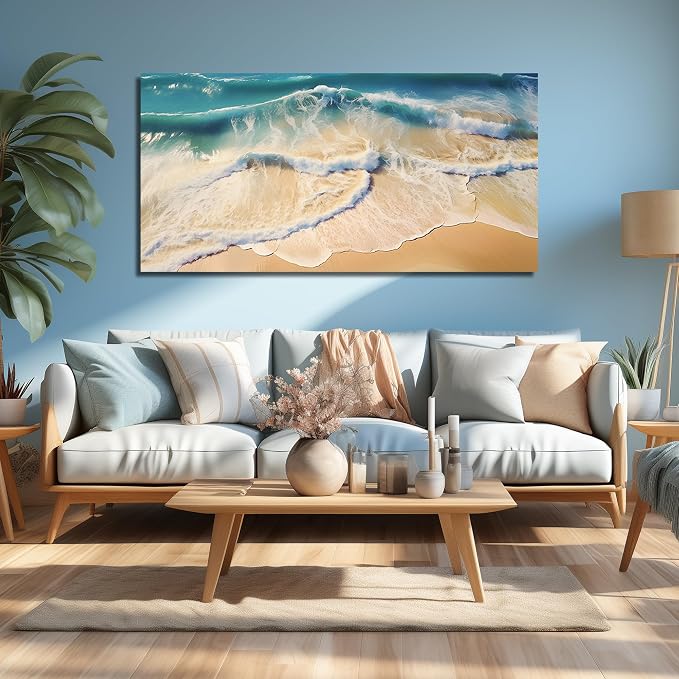 DNIEOTU Large Beach Wall Art for Living Room, Ocean Waves Canvas Wall-Decor for Bedroom, Landscape Picture Prints for Hallway Office, Size 59 x 29 Inches