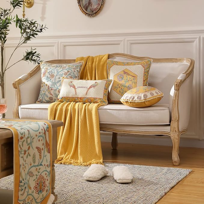 patdrea French Vintage Linen Throw Pillow Cover,18"x18"-Magnolia A | Decorative Pillow Case with Zipper,Yellow Floral Pattern,Cushion Coverfor Couch Living Room Bedroom Sofa