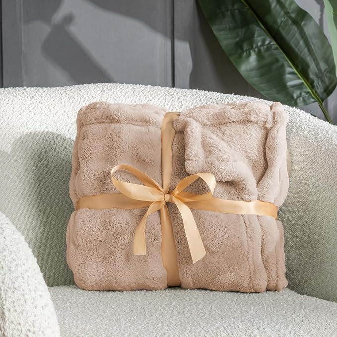 Brown Faux Fur Throw Blanket for Couch, Soft Fluffy Bubble Blanket for Bed Sofa, Thick Warm Plush Fuzzy Rabbit Fur Blanket for Neutral Home Decor, 50"X 60"