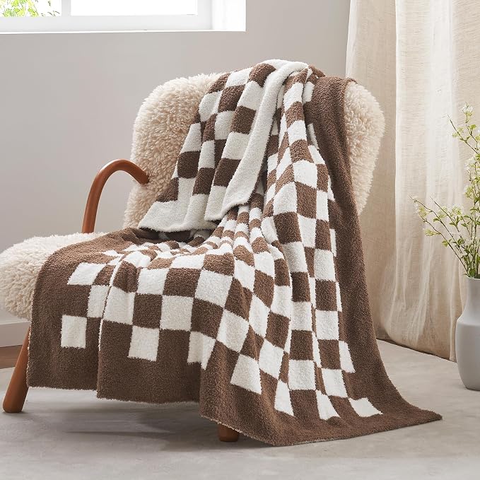Snuggle Sac Checkered Throw Blanket for Couch, Super Soft, Cozy Warm Knit Blankets, Reversible Plaid Fluffy Throws for Sofa, Bed, Checkered Brown, 50x60 Inches