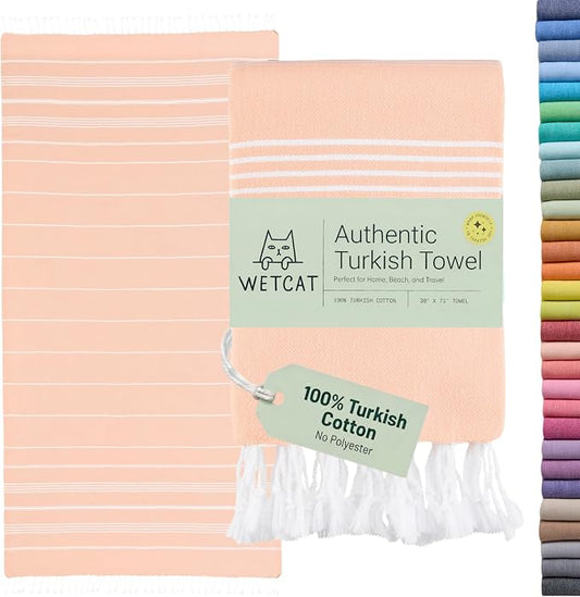 WETCAT Turkish Beach Towel Oversized (38"x71") 100% Turkish Cotton, Made in Turkey - Sand Free, Extra Large, Ultra Soft, Quick Drying, Compact & Lightweight for Travel - Peach