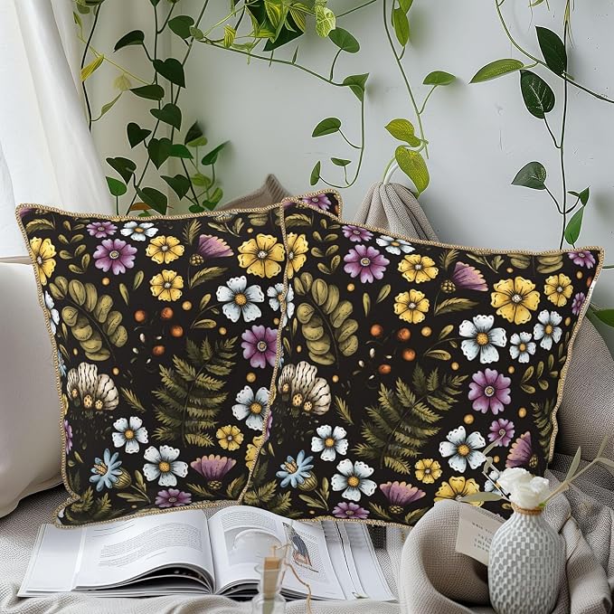 Blue Yellow Purple Floral Soft Velvet Throw Pillow Covers Set of 2 Plant Botanical Flowers Decorative Pillow Covers 18x18 In Vintage Black Pillow Case For Sofa Couch Living Room Farmhouse Home Decor