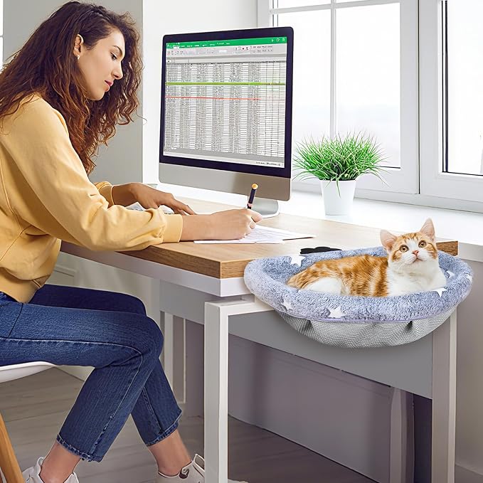 Cat Desk Bed, Adjustable Cat Desk Hammock, Cat Bed for Desk | Glow in The Dark, Removable Washable Cover, Sturdy Metal Frame, Desk Cat Bed, Cat Desk Perch, Supports up to 50 Lbs