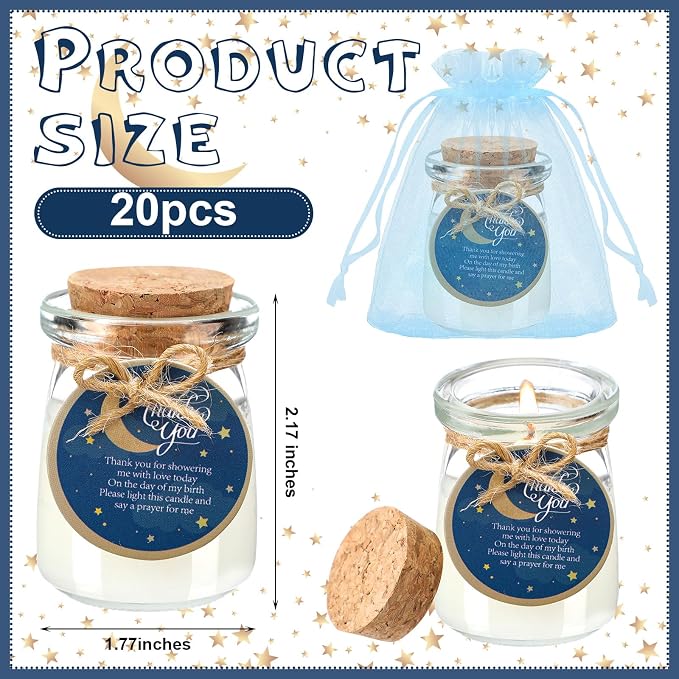 Threlaco 20 Pcs Moon Baby Shower Favors Party Candle Lavender Scented Glass Mason Jar Wax Candle Bulk for Guests Girl Boy Gender Reveal Party Return Gifts